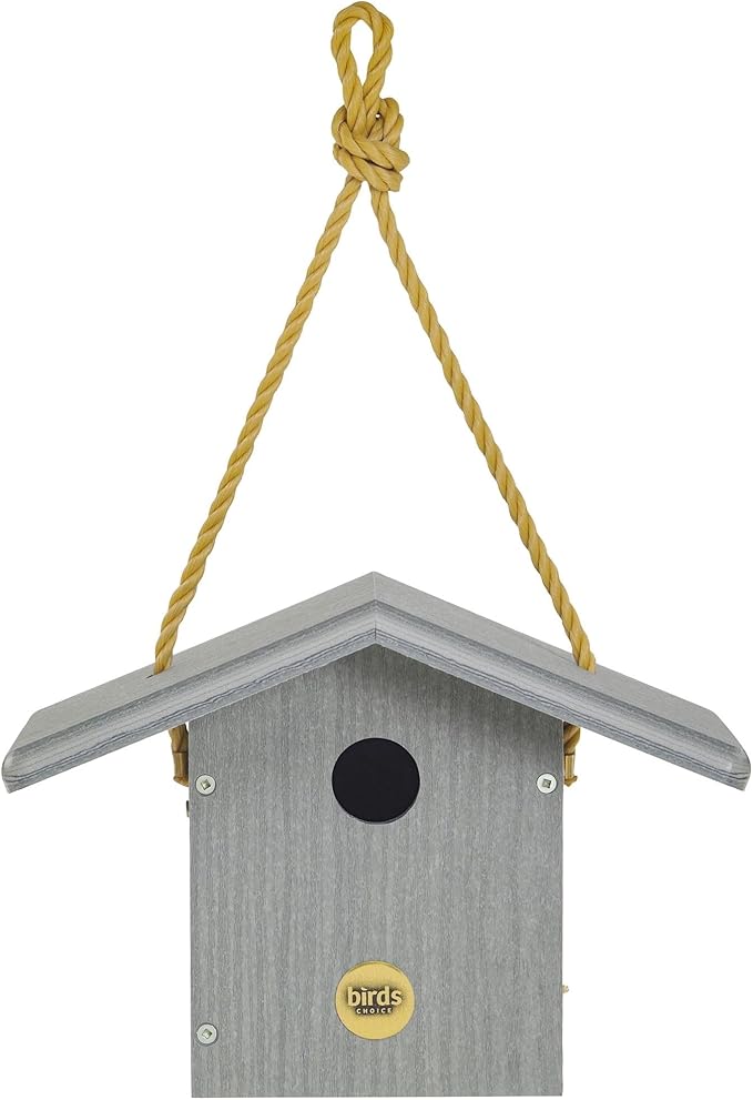 Birds Choice Modern Farmhouse Hanging Bird House for Wrens & Chickadees, Driftwood - Includes Nylon Hanging Rope, Made in USA
