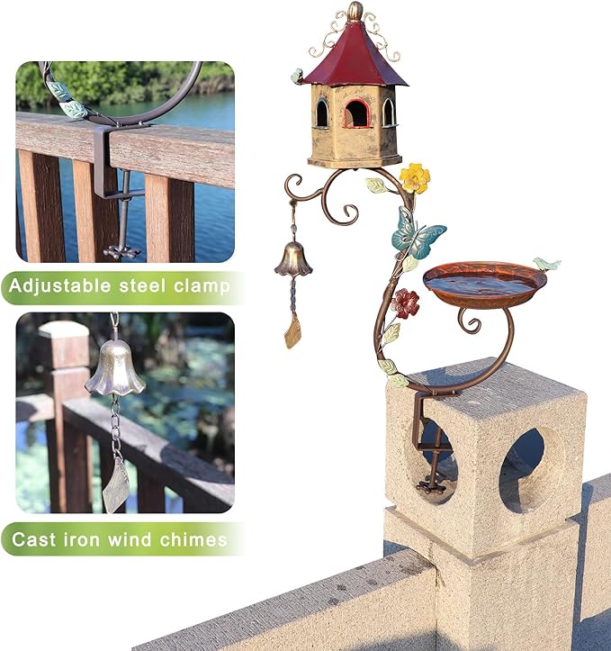 Deck Bird Bath, 2 in 1 Metal Bird Bath and Bird Houses, Decorative Deck Mounted Bird Baths, Detachable and Adjustable Sturdy Deck Bird Bath for Outdoor Porch Yard Garden Decoration