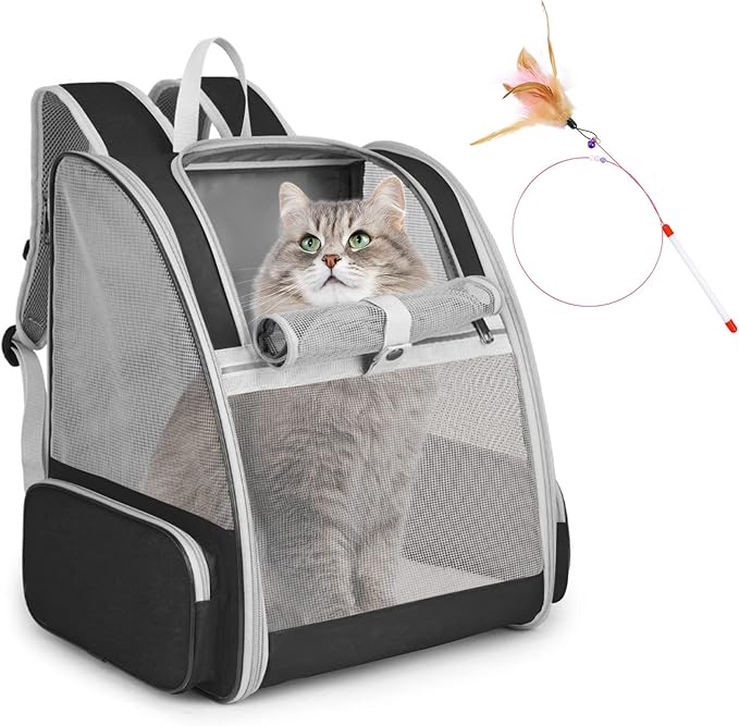 Cat Backpack Carrier, Large Pet Backpack with Kitten Wand Feather Toy for Medium Small Dog Cat Puppy Kitty Bunny up to 15lbs, Ventilated Mesh Dog Travel Carrier for Hiking Walking Outdoor Use (Black)