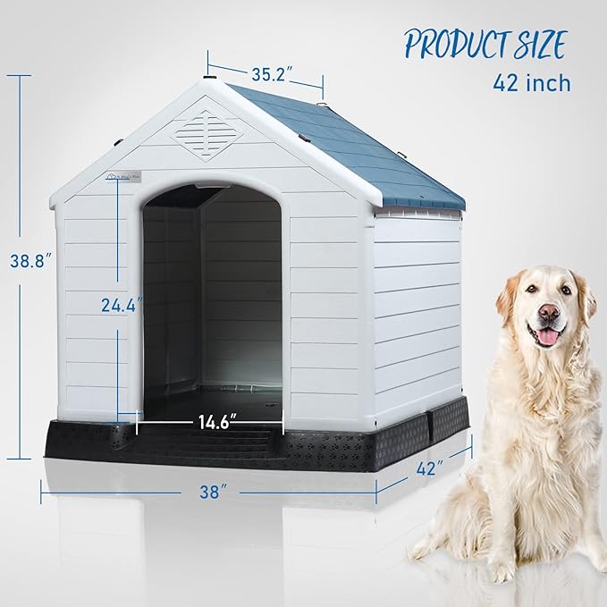 PUKAMI Plastic Outdoor Indoor,Durable Dog House for Small Medium Large Dogs,Waterproof, with Elevated Floor and Air Vents,Ventilate & Easy Clean and Assemble(Blue, 42inch)