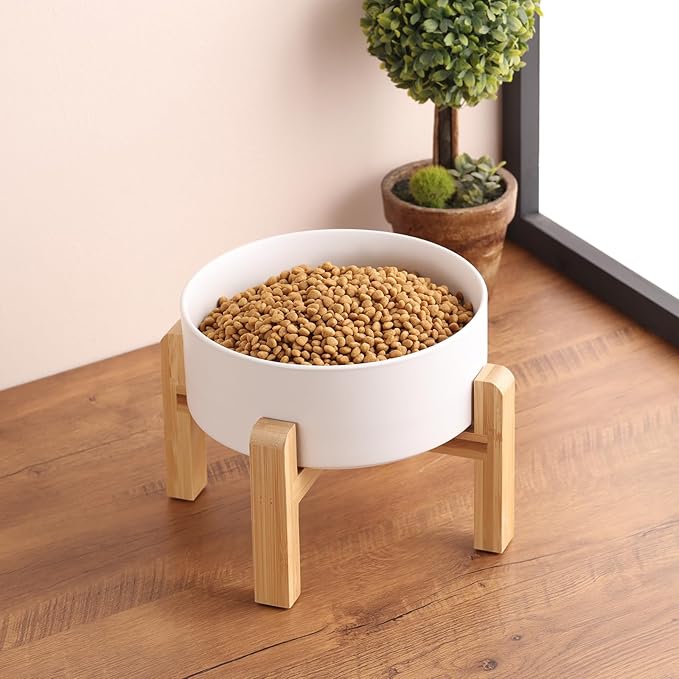 White Elevated/Raised Dog Bowl Ceramic for Small Medium Sized Breed,Dog Food Water Bowl with Stand,6 in 3.6 Cups Non Slip Heavy Weighted Dog Dish
