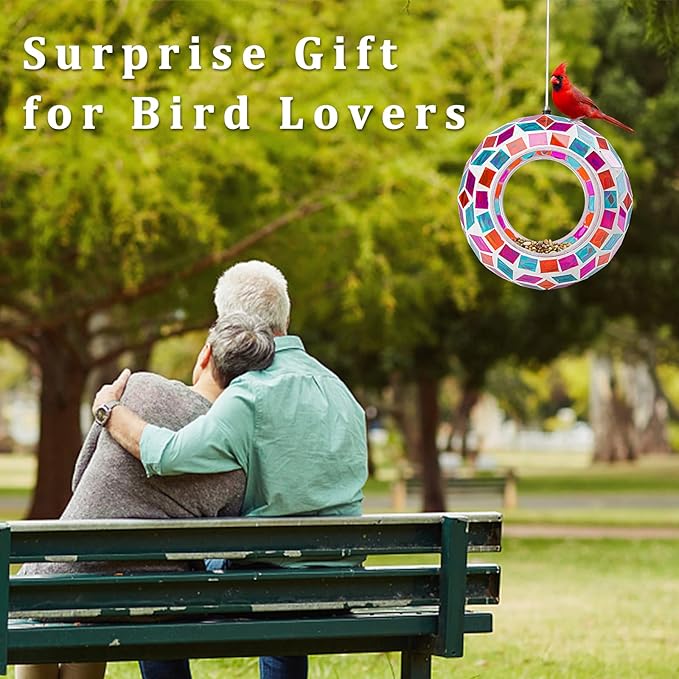 Yinns Glass Bird Feeders Outside, Hanging Mosaic Bird Feeder, Round Shape Fly Through Container Wild Birdfeeder for Garden, Backyard Decor