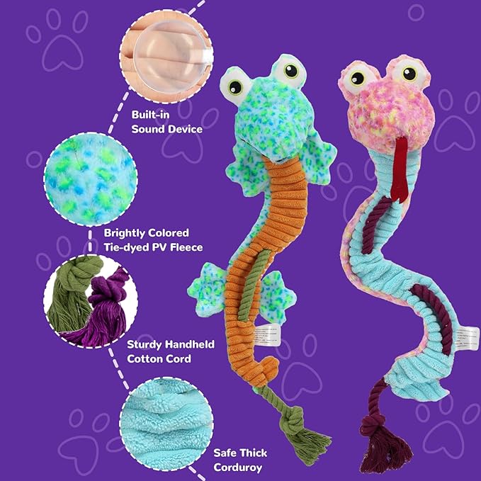 Crinkle Dog Toys Squeaky Plush No Stuffing Cute Puppy Stuffless Tough Rop Pull Toy, Fun Dog Stuffed Animals Durable Chew Set for Small Medium Large Pup (Large, Snake+Lizard)