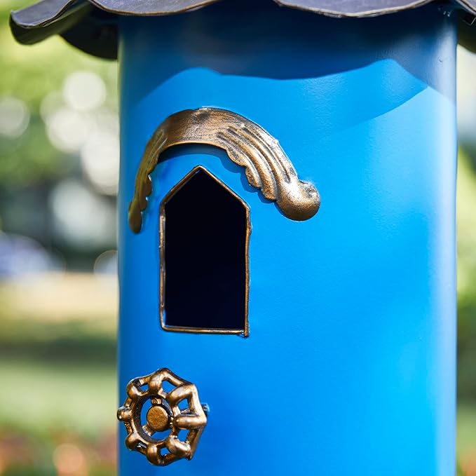 Glitzhome 32”H Metal Hanging Birdhouse for Outdoors Oversized Farmhouse Pagoda Painted Bird House with Bronze Roof for Bluebird Wren Chickadee Sparrow Bird Nest Box for Garden Patio, Retro Blue