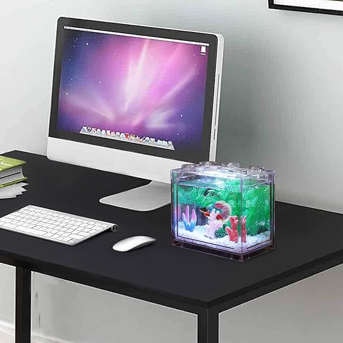 Small Betta Fish Tank, Aquarium Tank Kit with LED Lighting, 0.6 Gallon Stackable Fighting Fish Tank Set, Fish Bowl Accessories for Turtle Reptile Shrimp Crab Insects as Decoration