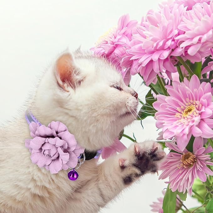 2 Pack Cute Cat Collar, Girls Cat Collars, Flexible Adjustable Floral Cats Bowtie Collar, Removable Kitten Collars with Bells for Boys Girls Cats Puppies Small Pets,Purple Pink