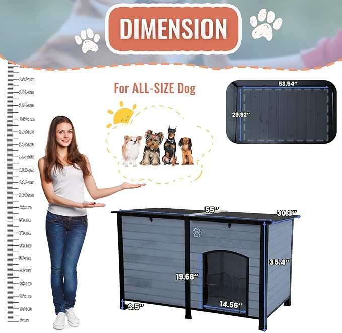 Outdoor Dog House, Indoor Outdoor Doghouse Puppy Shelter Dog House with Iron Frame,Anti-Bite Design Dog Home for Small Medium Some Large Dogs (Grey, Large)