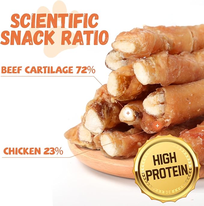 Dog Treats Chicken Wrapped Beef Cartilage w/Calcium Supplement, Long-Lasting Rawhide Free Grain Free Training Treats Snacks for Small Medium Large Dogs, 12 Counts, 10.6 oz