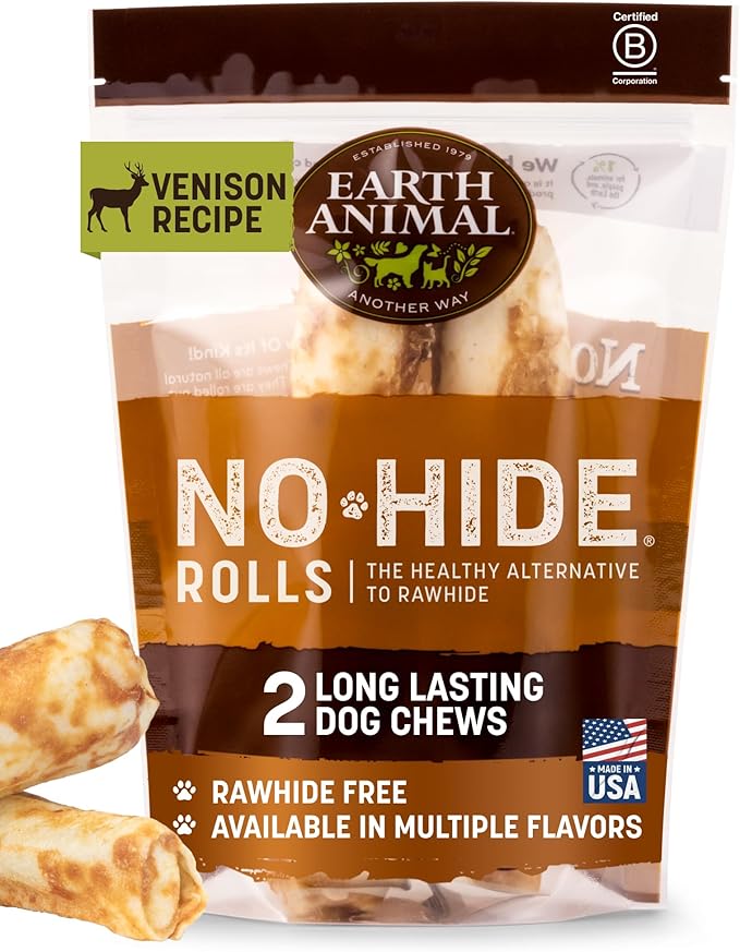 Earth Animal No Hide Medium Venison Flavored Natural Rawhide Free Dog Chews Long Lasting Chew Sticks |Treats for Large Dogs | Great for Aggressive Chewers - 2 Count