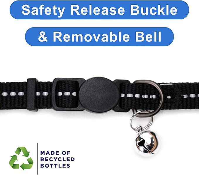 Pawtitas Recycled Cat Collar with Reflective Stitched and Safety Buckle Removable Bell Reflective Cat Breakaway Collar Made from Plastic Bottles - Black Sea Cat Collar.