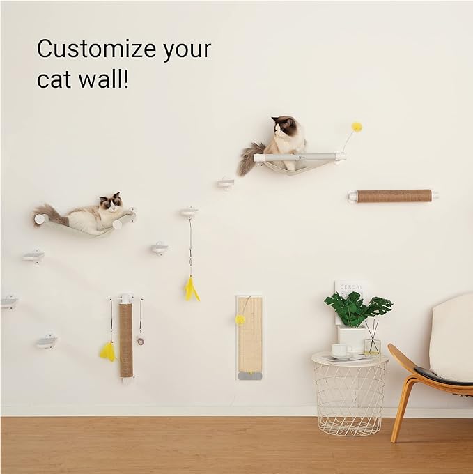 SVD.PET Wall Mounted Hammock with Cat Toy, Easy-to-Install Cat Wall Shelf with Soft Pad, Modern Design. Supports up to 40 lbs (Easy-Install, White)