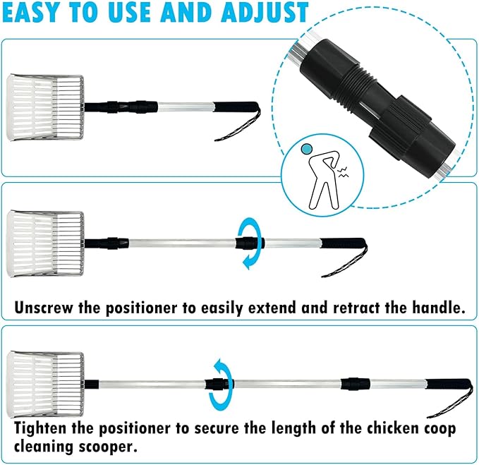 PINVNBY Stainless Steel Chicken Poop Scooper 3 in 1 Adjustable Long Handle Poop Scooper for Chicken(21.8" to 38.6") Multifunctional Chicken Coop Cleaning Tools Sifting Shovel Chicken Coop Accessories
