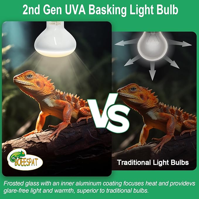 Pack of 2 Reptile Basking Light Bulbs - Incandescent 100W Simulated Sunlight UVA Heat Bulbs for Bearded Dragons, Geckos, Iguanas, Lizards, Amphibians & Small Pets
