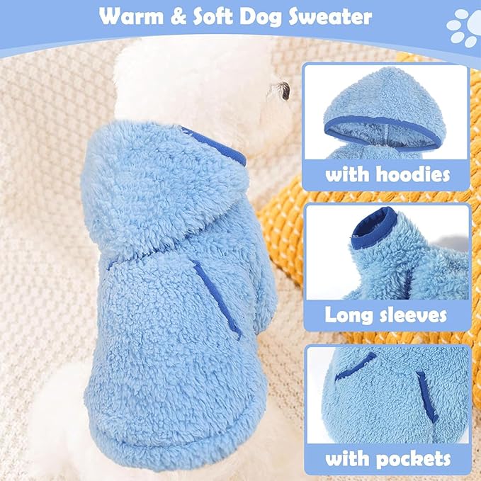 Small Dog Sweater Fleece Hoodie Girl Boy Winter Warm Puppy Clothes Chihuahua Teacup Yorkie Soft Stretchy Tiny Dog Outfits Cat Sweater Pet Clothing, Blue, M
