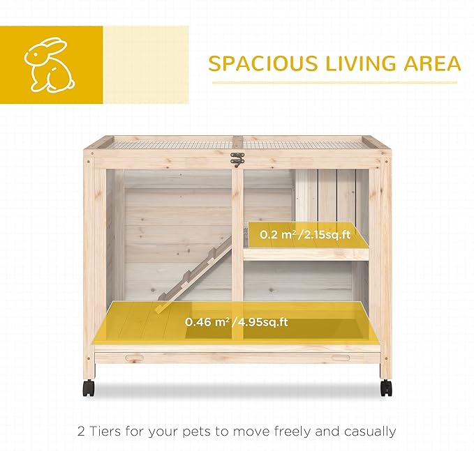 PawHut Rabbit Hutch with Wheels, Desk and Side Table Sized, Wooden Rabbit Cage, Waterproof Small Bunny Cage with Removable Tray, Openable Roof, for Indoor & Outdoor, Natural