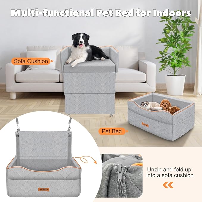 Medium Dog Car Seat, Dog Booster Seat Under 50Lbs or 2 Small Dogs Washable, Pet Car Seats with 2 Safety Leash, Dogs Sofa Bed Cushion Add Thick Sponge, Pet Cars Carrier for Travel, Gray