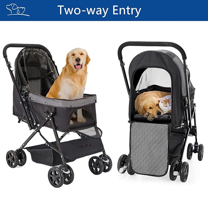 Dog Stroller for Large Medium Dogs & Cats with Reversible Handle, Foldable Pet Stroller Travel Carriage with Large Storage Basket, Black