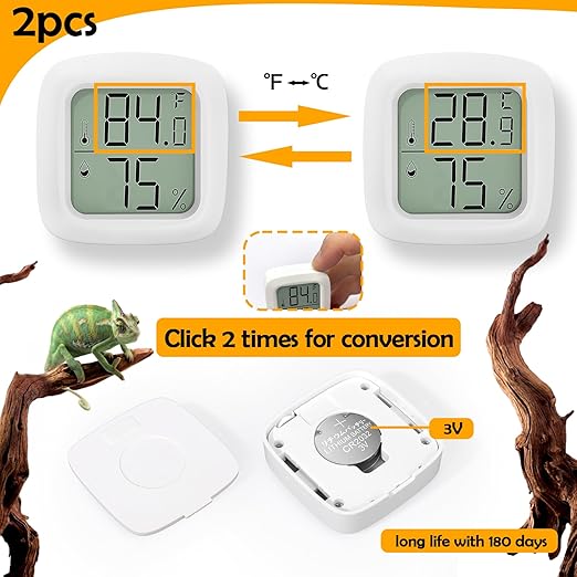 2 PCS Reptile Thermometer and Humidity Gauge for Reptile Tank with On-Off, Reptile Tank Accessories for Jumping Spider, Leopard Gecko, Hermit Crab, Gecko, Ball Python, Lizard, white,rectangle