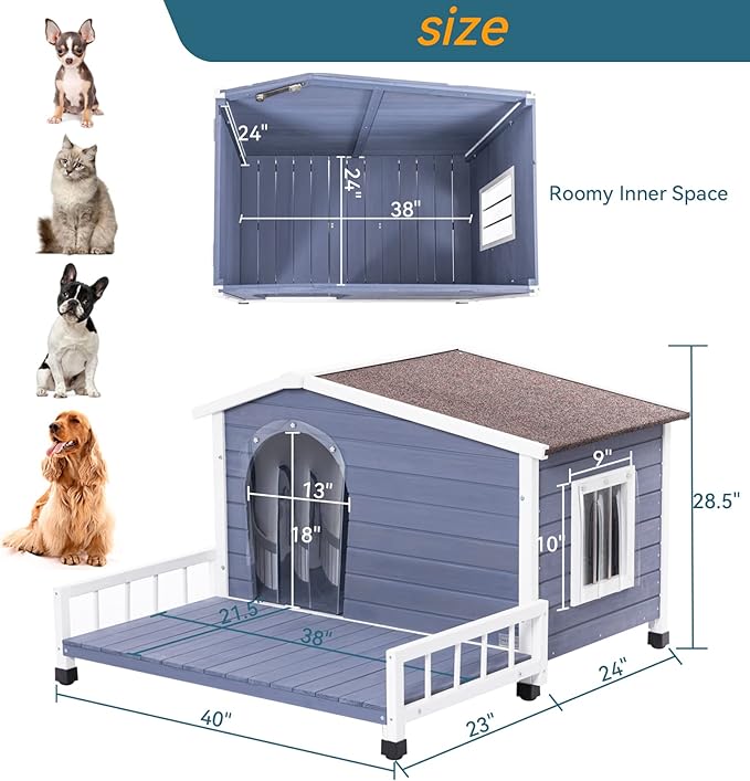 Petsfit Dog House Outdoor 40" L x 47" W x 28.5" H with Terrace & Openable Asphalt Roof, Outside Dog House with Elevated Floor, Dog House for Medium Dogs