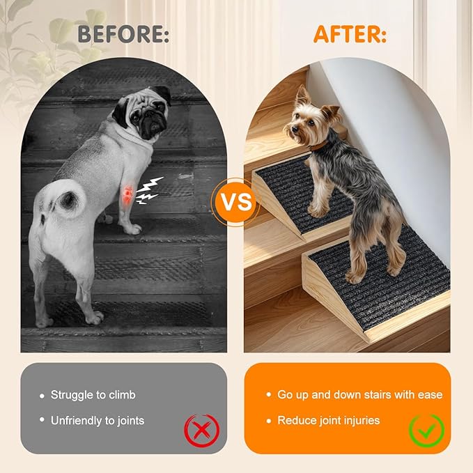 Dog Ramp for Stairs, Non-Slip Dog Stairs, Low-Angled Pet Ramps for Small Dogs and Cats, Medium Dogs, Step and Stair Assist for Injured and Older Pet, 2 Pack, Wood