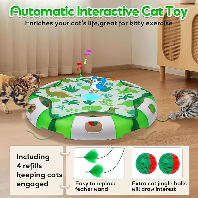 Cat Toys for Indoor Cats, Interactive Automatic Hide and Seek Toy, Moving Concealed Feathers Wand Teaser, Bird Chirping Squeaky, Touch Activated, Rechargeable Kitten Toys,Cat Bell Ball to Stimulate