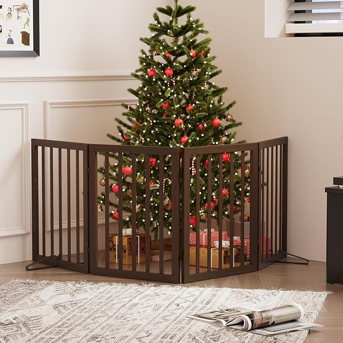 Dog Gates for Doorways, Freestanding Dog Gate Indoor, Foldable Pet Gates for Doorways Bedroom, Puppy Gate with Metal Support Feet, Room Divider 4 Panels (Dark Walnut)