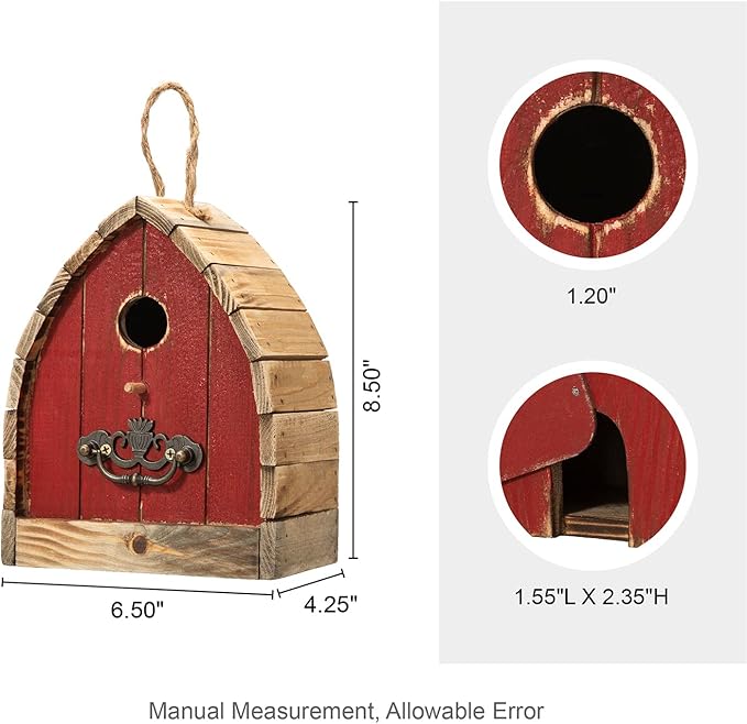 Glitzhome 8.5" H Washed Red Distressed Solid Wood Birdhouse Garden Hanging Bird House for Outdoors