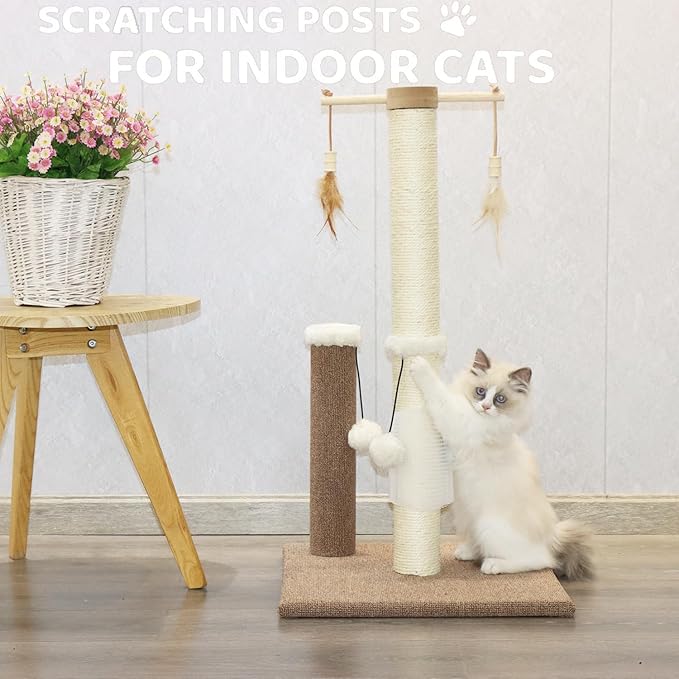 PAWSFANS Cat Scratching Post 30 Inches Tall Sisal Carpet Vertical Scratch Posts for Indoor Cats and Kittens,with Hanging Ball and Bursh Beige