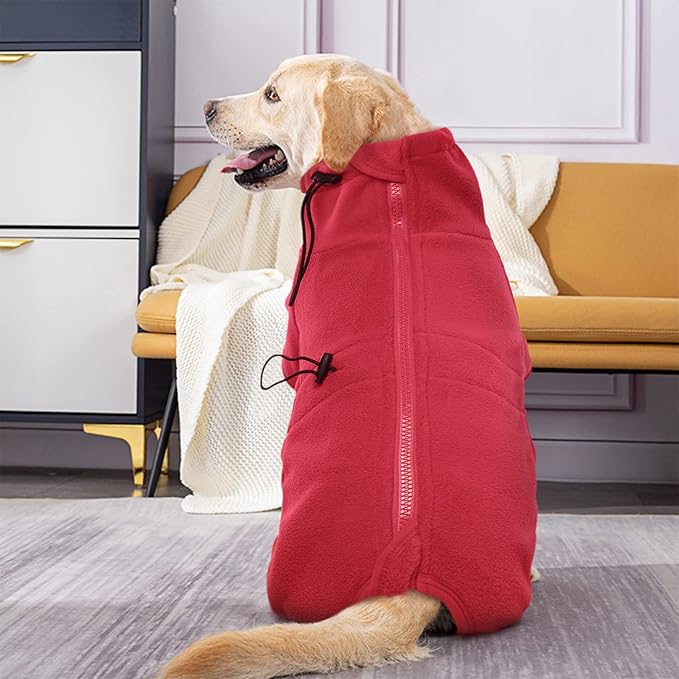 ROZKITCH Dog Winter Coat Soft Fleece Pullover Pajamas, Pet Windproof Warm Cold Weather Jacket Vest Cozy Jumpsuit Apparel Outfit Clothes for Small Medium Large Dog Walking Hiking Sleep Red L