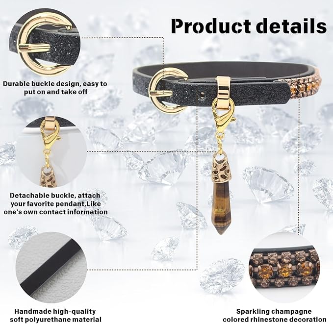PEARLY JUN Rhinestone Dog Collars for Small Dogs Cat, XS Champagne Bling Diamond Cat Collar Cute Luxury Crystal Pet Puppy