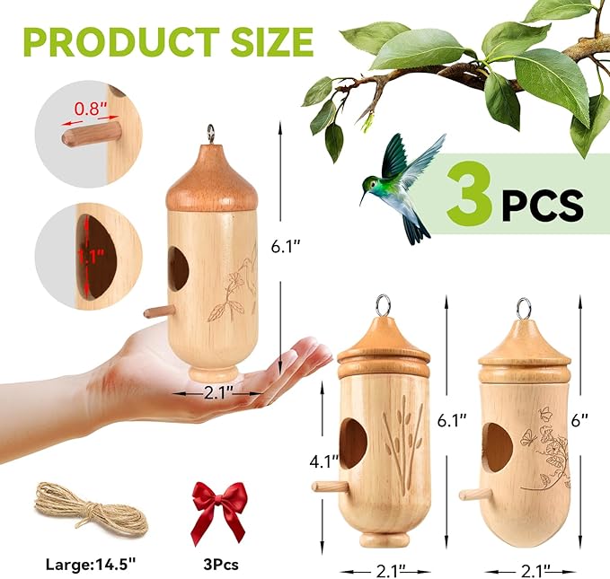 Hummingbird House, Solid Wood Hummingbird Houses for Outside-Exquisitely Handcrafted Birdhouse with Ribbon and String Hanging Kit, Durable Garden Decor, Perfect Gardening Gift (Style-ABC, 3 Pack)