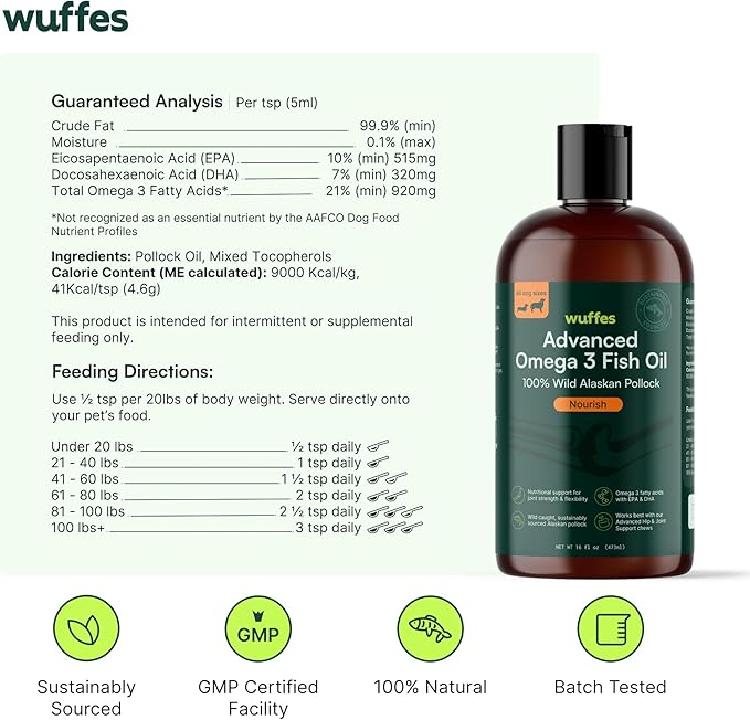 Wuffes Advanced Omega 3 Fish Oil for Dogs, Natural EPA & DHA Fatty Acids, Supports Healthy Skin and Coat, Joint Nutrition, Digestion & Immune System - 100% Pure Wild Alaskan Fish Oil, 16 Oz