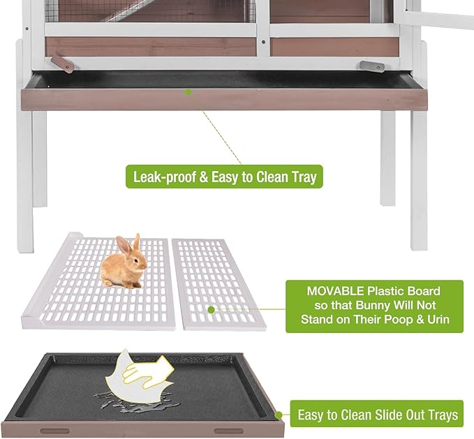 Wooden Guinea Pig Cages Indoor,Two-Story Wooden Rabbit Cage Hutch with Removable Stand and Pull Out Tray, Small Animals Cage Habitat with Ramp and Plastic Mesh(Brown&White)