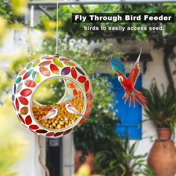 Bird Feeder Mosaic Fly Through Bird Feeder for Outside Hanging with Round Shape Glass Feeders to Attract Wild Birds for Garden, Deck, Yard, Backyard and Porch Decor, 7-Inch