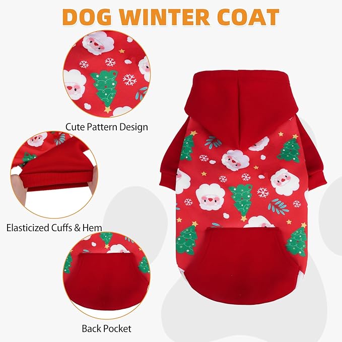 KOOLTAIL Christmas Dog Hoodie for Small Medium Large Dogs - Warm Clothes with Leash Hole, Soft Winter Pet Sweater Hat Hooded Sweatshirt, Clod Weather Coat Outfit for Puppy Cat Girls Boys Red Green, S