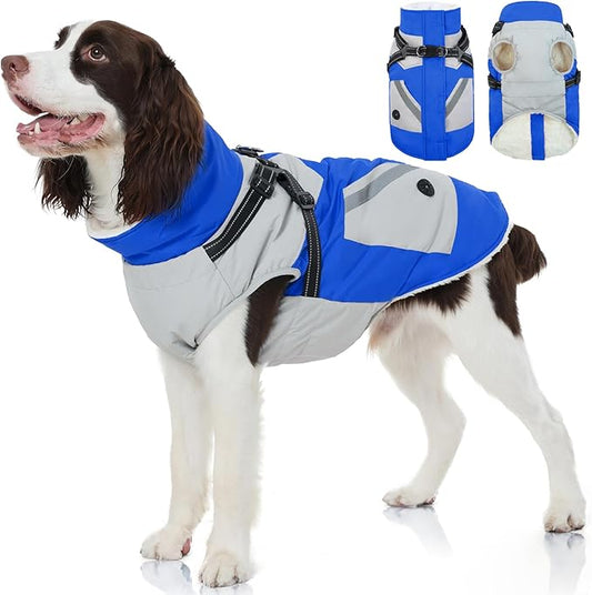 FUAMEY Dog Winter Jackets for Large Dogs,Dog Coat with Harness Built in,Waterproof Dogs Snowsuits Warm Pet Jacket Zip Up Fleece Cold Weather Coats Reflective Puppy Vest with Pocket Blue L