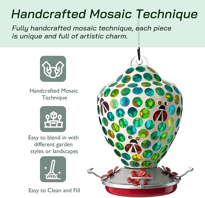 Glitzhome Wild Bird Feeder, 8.25" H Glass Hanging Blue/Green Dots & Ladybugs Mosaic Birdfeeder for Garden, Yard, Backyard, Deck and Porch Decorations