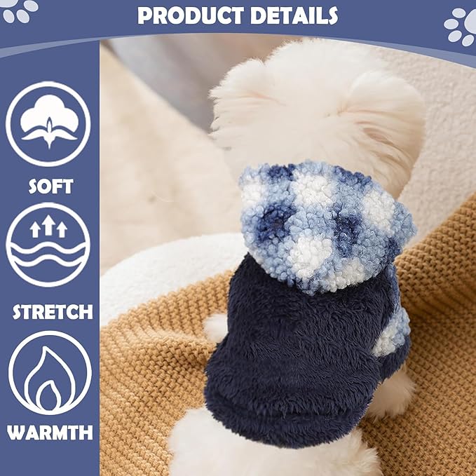 Plaid Dog Hoodie Fleece Dog Sweater for Small Dogs Girl Boy Winter Warm Puppy Clothes for Chihuahua Teacup Yorkie Soft Stretchy Tiny Outfits Cat Sweater Pet Clothing, Blue, Small