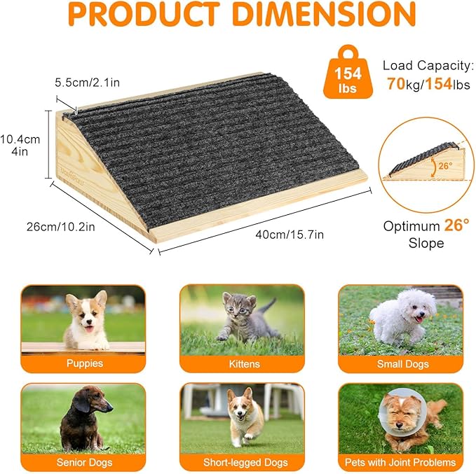 Dog Ramp for Stairs, Non-Slip Dog Stairs, Low-Angled Pet Ramps for Small Dogs and Cats, Medium Dogs, Step and Stair Assist for Injured and Older Pet, 2 Pack, Wood