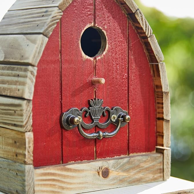 Glitzhome 8.5" H Washed Red Distressed Solid Wood Birdhouse Garden Hanging Bird House for Outdoors