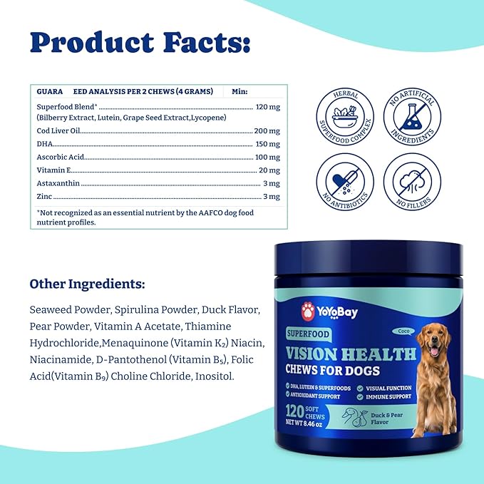 Eye Supplement for Dogs - 120 Soft Chews Dog Vision Supplement with Cod Liver Oil, Antioxidants & Omega 3 Fatty Acids - Eye Vitamins for Dogs - Duck & Pear Flavor