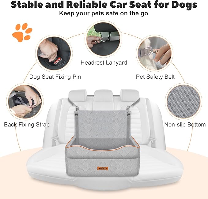 Medium Dog Car Seat, Dog Booster Seat Under 50Lbs or 2 Small Dogs Washable, Pet Car Seats with 2 Safety Leash, Dogs Sofa Bed Cushion Add Thick Sponge, Pet Cars Carrier for Travel, Gray