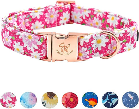 Elegant little tail Dog Collar, Pink Floral Pattern Pet Collar Durable Cute Dog Collars Summer Female Pet Gift Adjustable Dog Collar for X-Large Dogs