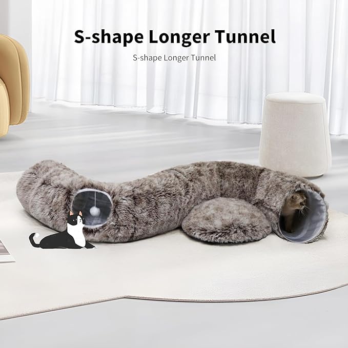 Cat Tunnel Bed for Indoor Cats with Washable Cushion Cat Cave Donut Tunnel with Fluffy Ball Big Round Tube Pet Playground Toys Soft Plush Peekaboo for Kitten, Cat, Puppy, Rabbit, Ferret(Brown)