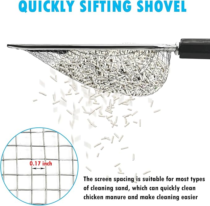 PINVNBY Stainless Steel Chicken Poop Scooper 3 in 1 Adjustable Long Handle Poop Scooper for Chicken(22.3" to 47.6") Multifunctional Chicken Coop Cleaning Tools Sifting Shovel Chicken Coop Accessories