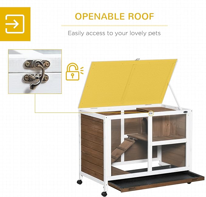 PawHut Rabbit Hutch with Wheels, Desk and Side Table Sized, Wooden Rabbit Cage, Waterproof Small Bunny Cage with Removable Tray, Openable Roof, for Rabbits, Chickens, Ducks, Indoor/Outdoor, Brown