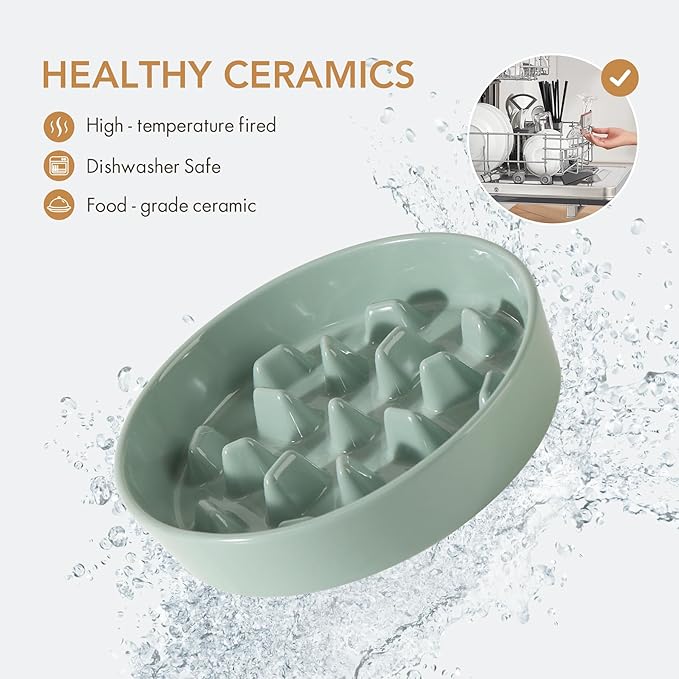 Ceramic 9.5 inch Dog Bowl Slow Feeder, Slow Pet Food Dish for Large Dog, Stop Bloat, Preventing Choking(Single Bowl,Light Green)