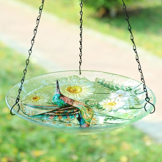 MUMTOP Hanging Bird Bath-Bird Baths for Outdoors - 12 Inch Hummingbird Daisy Glass Bird Water Bowl Bird Feeders for Outside, Garden, Lawn Yard Decor