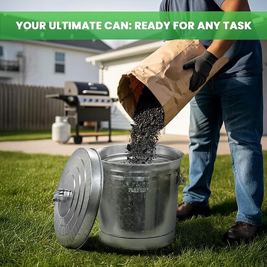 Plexon 6 Gallon Outdoor Trash Can with Lid Galvanized Metal Bucket with Locking Lid for Poultry Feed Bird Seed Storage Ash Small Garbage Can, 6 Pack