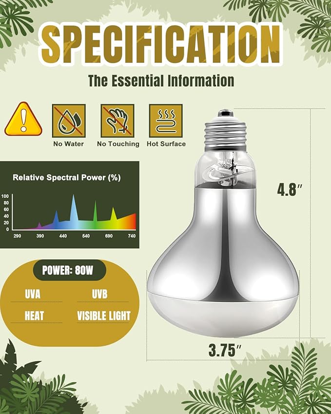 Heat Lamp Bulbs, 80 Watt Reptile Heat Bulb, Full Spectrum UVA UVB Light Bulb, Natural Daylight, Basking Spot, Sun Light for Reptile and Amphibian 1 Pack